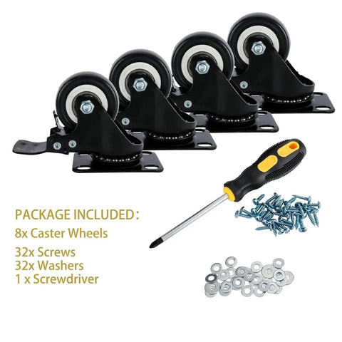 8 Pack 2 Inch Heavy Duty Swivel Plate Caster Wheels With Double Brake And PU Foam No Noise For Furniture Tables Trolleys Workbenches And Garage Use Each Caster Supports Up To 150 Lbs Durable Top Plate With Double Ball Bearing For Smooth Quiet Rolling shown with screws, washers, and screwdriver included