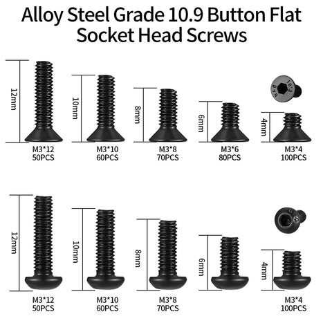 720 Pcs M3 Hex Socket Cap Bolts Screws Assortment Kit With Pan Head And Flat Head Button Style, Black Alloy Steel, M3 Size