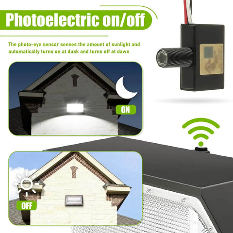 Illustration showing Outdoor 105V To 130V AC Photocell Light Sensor Switch For Dusk To Dawn Auto Lighting in use on a building.