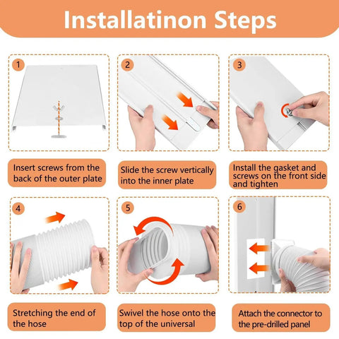 Installation steps for Sliding Door Air Conditioner Vent Kit With Universal Five Point Nine Inch Hose And Coupler For Window Or Sliding Glass Doors Includes Six 17 Inch Panels To Extend Up To Ninety Five Inches Weather Stripping And Airtight Seal For Energy Saving