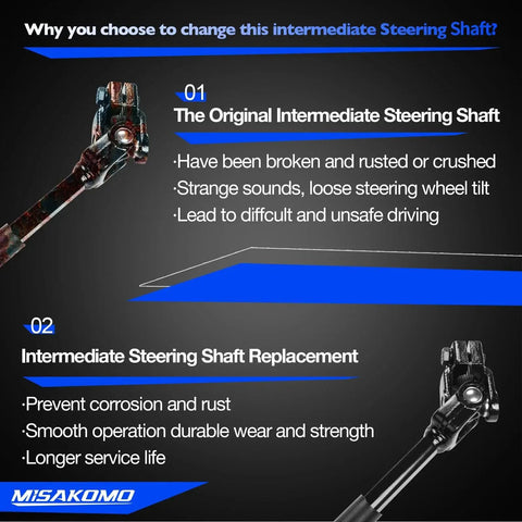Comparison of original and replacement intermediate steering shaft with features and benefits highlighted