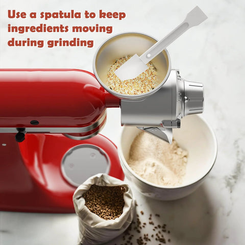 All Metal Grain Mill Attachment For KitchenAid Stand Mixers With Nine Adjustable Grinding Levels in use with grains