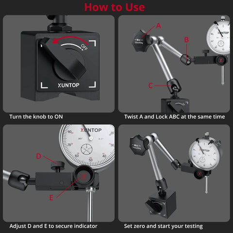 Setup instructions for High Precision 1 Inch Dial Indicator With 0.001 Inch Resolution And Beefy Magnetic Base Up To 132 Lbs For Lathe Milling CNC 3D Printer Car Workshop Or Lab Imperial Dial Test Gauge Set For Tight Tolerances And Quick Measurements From XUNTOP in four steps.
