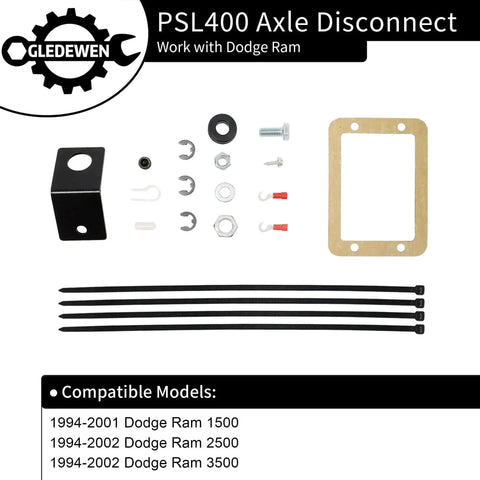 Axle Disconnect Kit PSL400 components for Dodge Ram 1994-2002 models, including bracket, hardware, and zip ties