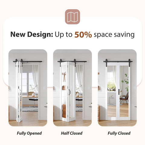 Double Bifold Barn Doors With Mirror For Closet 16x84 Inches White Finish fully opened, half closed, fully closed view.