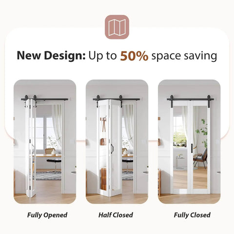 Bifold Barn Door Mirror 36x84 with One Lite Mirror in PVC white, shown in fully opened, half closed, and fully closed positions.