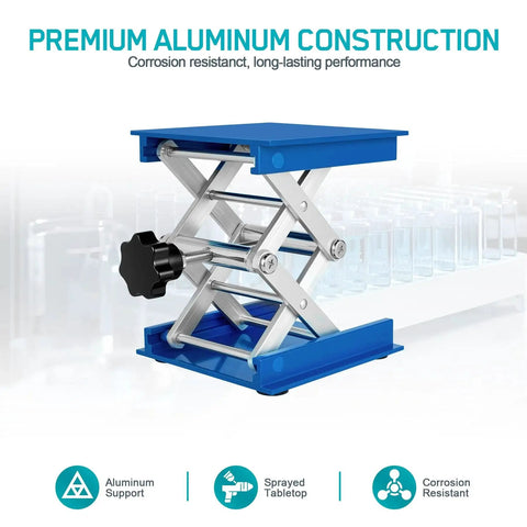2 Pack Lab Jack Stands 4x4in Aluminum Lifting Platform 5kg Capacity with adjustable height mechanism in a lab setting.