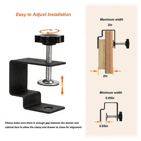 Two Pack Drawer Front Installation Clamps for Cabinets and DIY Woodworking Projects, side view illustrating adjustable range.