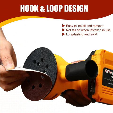 Close-up of hook and loop sander with 70 Pcs 5 Inch Sanding Discs Set with 9 Grits 40 to 800 being installed on an orbital sander.