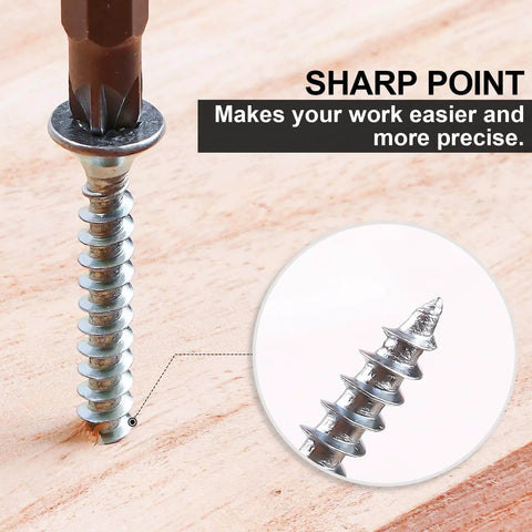 Close-up of a sharp tip wood screw being drilled, part of the Wood Screws Assortment Kit with Organizer Box for Wood and Drywall