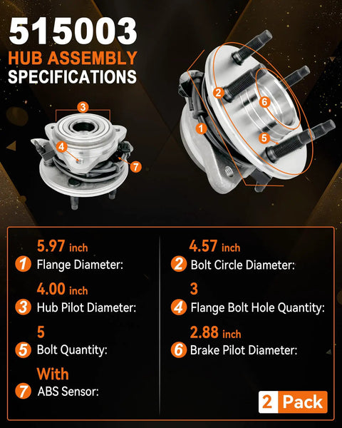 Specifications of Front Wheel Bearing Hub Assembly 515003 with ABS, 2-pack; 5.97-inch flange diameter, fits Ford Explorer, Ranger