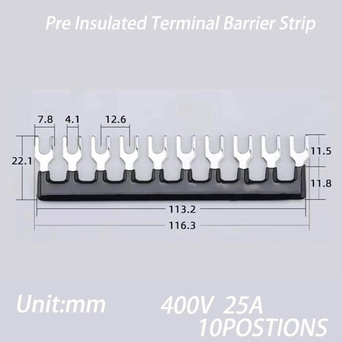 Pre Insulated Terminal Barrier Strip with specifications and dimensions shown for heavy-duty electrical setups