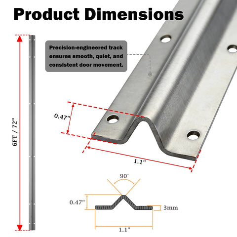 Six Foot Sliding Door Track Replacement For Glass, Screen, Barn, Pocket And Patio Doors, front view, dimensions diagram.