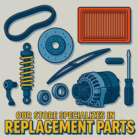 Illustration of various automotive replacement parts including belt, shock absorber, and filter, emphasizing replacement parts expertise.