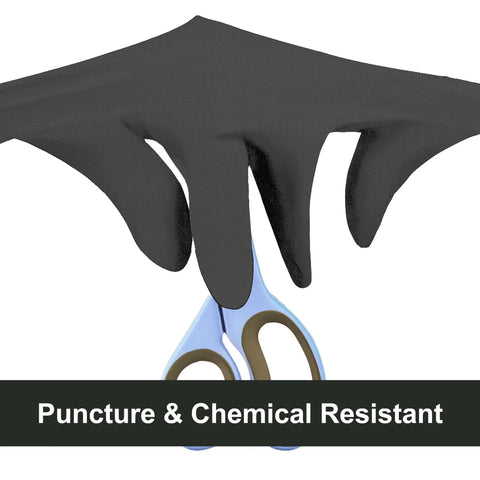 Disposable Black Nitrile Gloves 5 Mil XL For Food Prep Cooking Cleaning showing puncture resistance with scissors