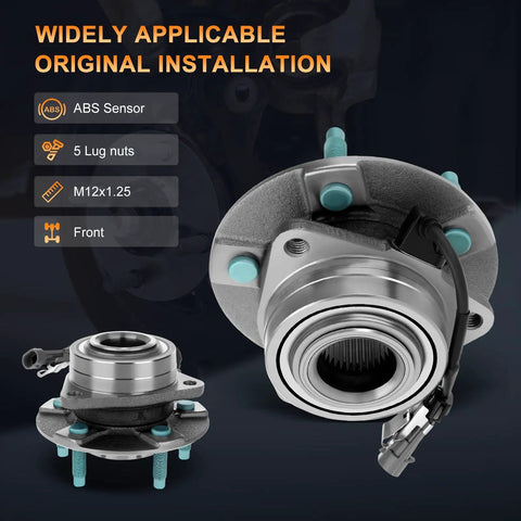 Beefed-Up Front Wheel Bearing And Hub Assembly Replacement For 2002-2007 Saturn Vue, 2005-2006 Chevy Equinox, 2002-2007 Pontiac Torrent With 5 Lug And ABS, Front Axle Hub Bearing, 2 Piece Set with ABS sensor and 5 lug nuts in focus