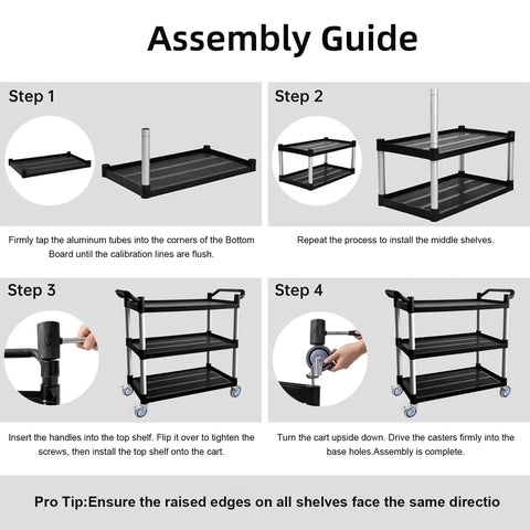 Assembly guide for Three Tier Rolling Service Cart With Tangle Free Swivel Wheels And Two Brakes Heavy Duty 450 Lb Capacity Commercial Serving Cart