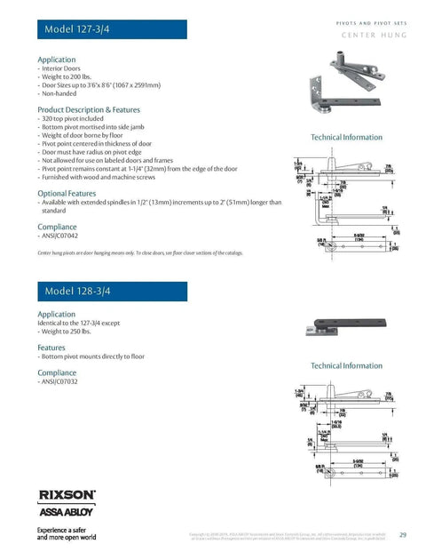Technical specifications for center hung pivot hinges with diagrams; Model 127-3/4 and Model 128-3/4 with Rixson branding.