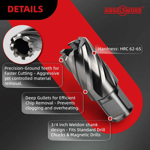 Close-up of Premium HSS Annular Cutter with detailed features for Magnetic Drill Press, M2 High Speed Steel, 1 In depth.