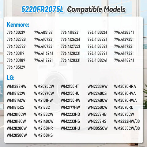 Front view of compatibility chart for 5220FR2075L/5220FR2006H washer inlet valve, listing LG and Kenmore models.