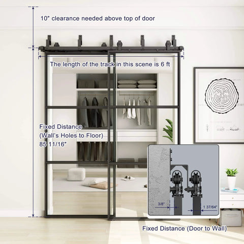 Installed Bypass Glass Barn Door Set 72 X 84 Inches with 6 Foot Double Hardware Kit, soft close, black carbon steel frame