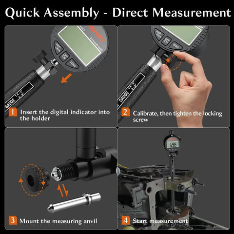 Digital Dial Bore Gauge Set 0.7 to 6 Inch Range with 150mm Depth, assembly process with visual steps shown