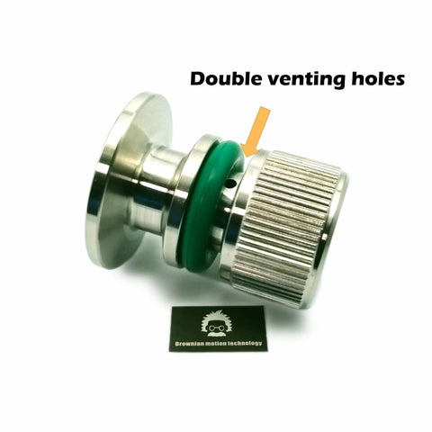 KF25 metal air admittance vent valve with silver body, green gasket and knurled cap; Brownian motion technology.