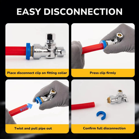 Push Fit One Half Inch PTC To Three Eighths Inch OD Compression Straight Stop Valve for Toilet and PEX Copper CPVC Lines, disconnect process shown.