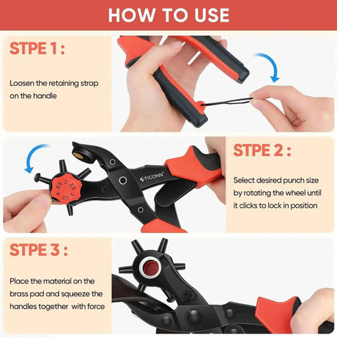 Step-by-step instructions for using the Beefy Heavy Duty Leather Hole Punch Tool Set with multi-size punches for clean holes.