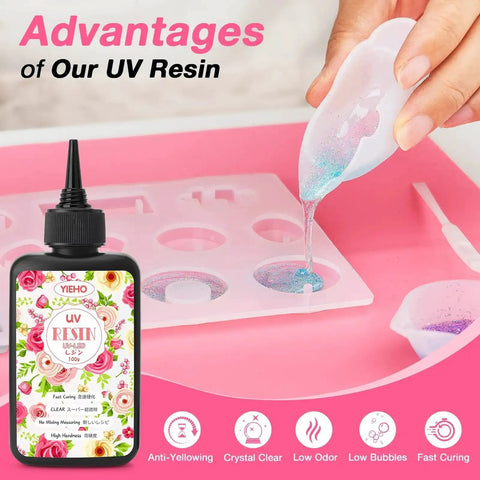 All In One UV Resin Kit With Light And Molds 300g Crystal Clear Hard UV Curing Premixed Resin pouring into a mold with glitter