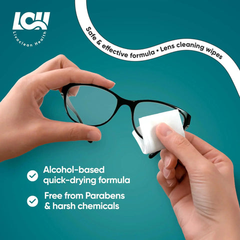 Hands using 250 Count Lens Wipes For Eyeglasses Cameras And Screens Pre Moistened on black glasses with product features