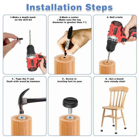 Installation guide for 12 Pack Adjustable Furniture Leveling Feet For Tables Chairs Cabinets And Desks Heavy Duty Screw On Levelers.