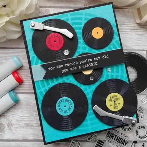 Music CD Style Clear Stamp And Die Set For Card Making And Scrapbooking with records and birthday message on a card