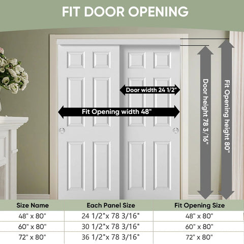 48 By 80 Inch Raised Textured Six Panel Bypass Hollow Core White Primed Sliding Closet Door With All In One Track Hardware Kit shown inside a room with fit measurements.