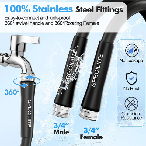 SPECILITE 50 ft black rubber garden hose with 3/4 inch stainless steel fittings and high-flow nozzle