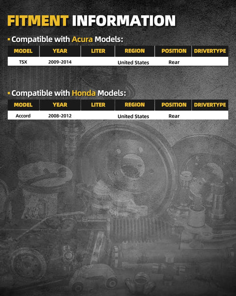 Fitment information for Honda Accord 2008-2012 and Acura TSX 2009-2014 rear wheel hubs.