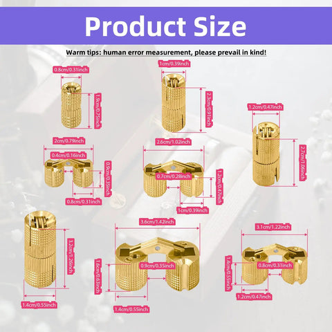 8Pcs Brass Barrel Hidden Hinges Set With 8mm 10mm 12mm And 14mm Sizes, 180 Degree Opening Concealed Cabinet Hinges Product Size
