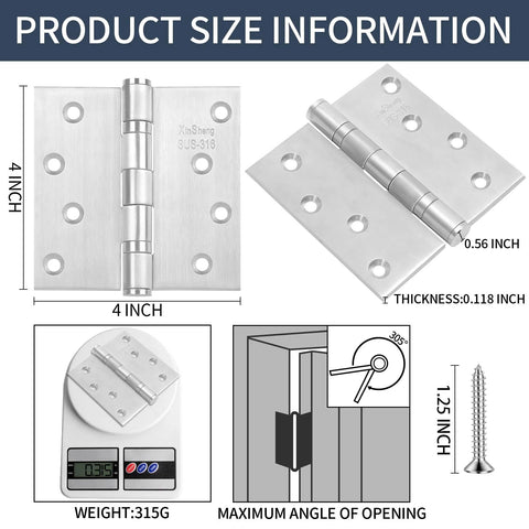 XinSheng 4x4 inch SUS-316 stainless steel door hinge, 3-pack marine-grade ball-bearing hinges