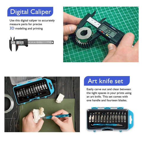 Complete 45 Piece 3D Printer Tools Kit For Faster Deburring Finishing And Cleaning Includes Deburring Tool Digital Caliper Art Knife Set Tube Cutter And Handy Storage Bag For Easy Print Prep And Post Processing, showing digital caliper measuring 3D printed gear and art knife set