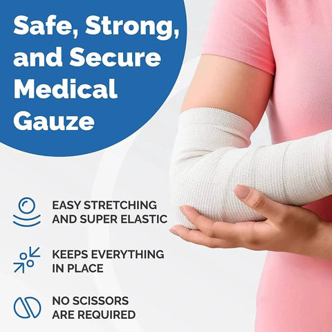 Person showing arm wrapped in white elastic gauze from Complete 77 Piece First Aid Kit Refill Supplies Pack For Home Office Travel And Outdoors Loose Packed Go To Restock With Adhesive Bandages Wound Care Essentials And Other Common First Aid Supplies.