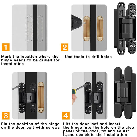 Installation process of Hidden Door Hinges Pack Of 2, 6 Inch, Upgraded Invisible Concealed Hinge System, Heavy Duty for secret doors.