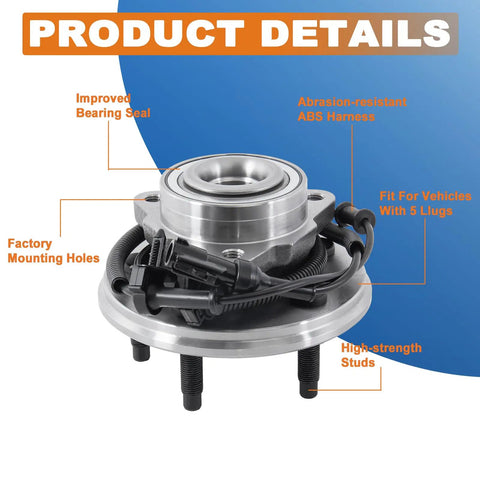 Pair Drop-In Front Wheel Hub Bearing Assembly With ABS Sensor For 2002-2005 Ford Explorer, 2003-2005 Lincoln Aviator, And 2002-2005 Mercury Mountaineer, 5 Lug, Direct-Fit Replacement with detailed labels.