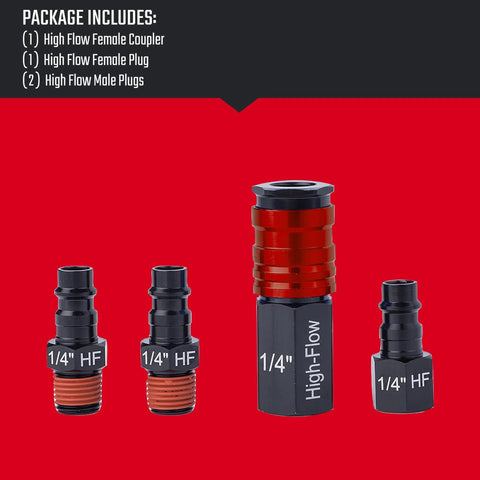High Flow Aluminum Air Fittings Kit, Four Piece Set With One Quarter Inch NPT Threads, Big Bore For Maximum Airflow And Faster Tool Performance