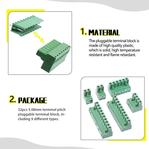32 Set Value Pack Pluggable Terminal Block Connector Kit With Male And Female Sockets, 5.08mm Pitch, PCB Mount, assorted types displayed