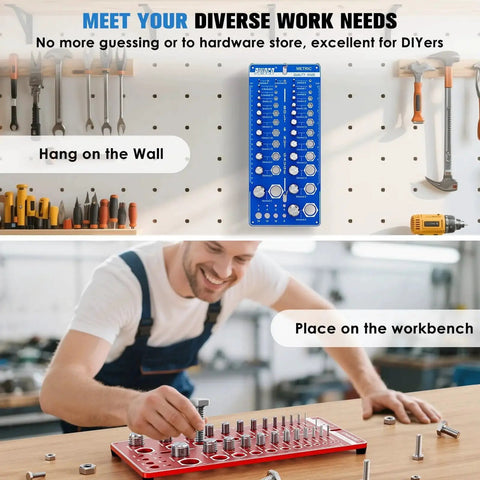 All In One Nut And Bolt Thread Checker Gauge With Standard And Metric Sizes 68 Thread Sizes Includes 26 SAE And 26 Metric And 16 Drill Bit Gauges Bolt And Nut Identifier Finder For Quick Size Identification In Garage Workshop Or Home Repairs displayed on a wall and workbench setup with tools.