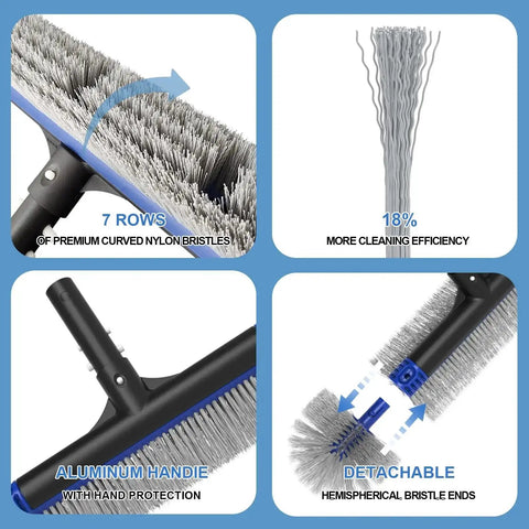 Close-up of Deluxe Five-In-One Pool Cleaning Kit brush with detachable 20-inch head, nylon bristles, and aluminum handle features.