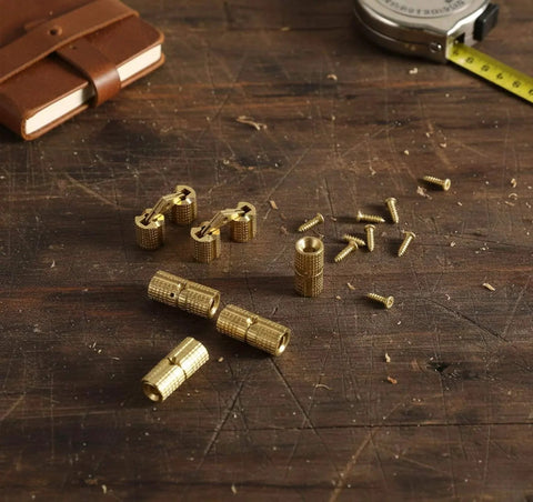 8 Pcs 8mm Solid Brass Hidden Barrel Hinges With Matching Drill Bit And Screws, 180 Degree Concealed Small Hinges displayed on a table
