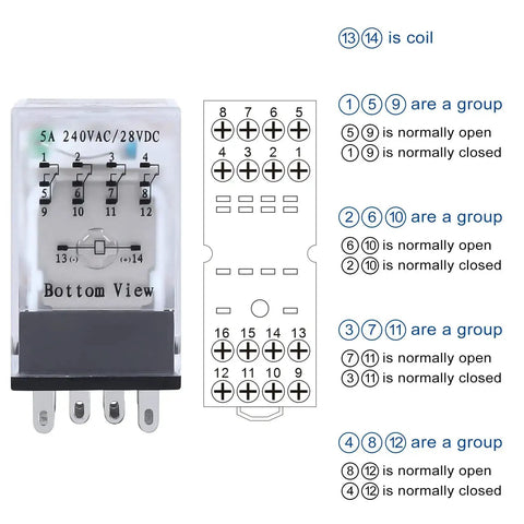 12V DC Relay Built Tough With Socket Base And LED Indicator, 14 Pin, 5 Amp, 4PDT 4NO 4NC, DIN Rail Ready Industrial Control Relay diagram
