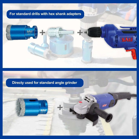 Image showing Diamond Core Drill Bit For Tile And Stone, Three Quarters Inch, Nineteen Millimeter, Vacuum Brazed Hole Saw With Five Eighths Inch Thread Arbor being used with drills and angle grinders.