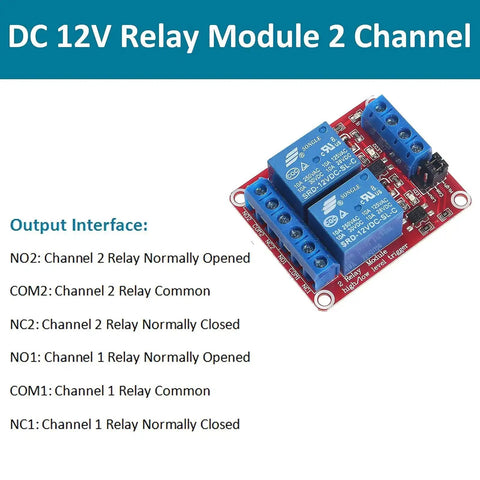 Two Channel 12V Relay Module With Optocoupler Isolated Trigger, High Or Low Level Control, for Arduino and Raspberry Pi projects.